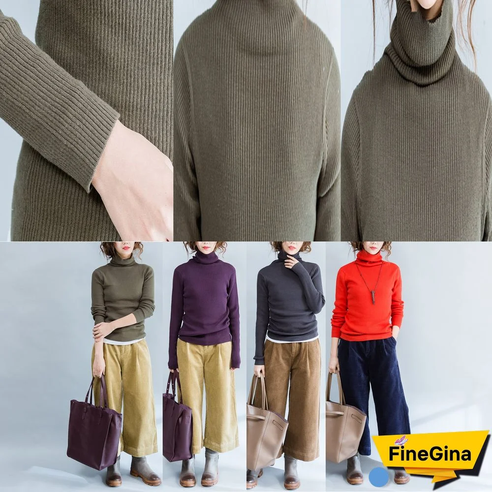 orange solid high neck pullover casual loose knitted sweaters warm