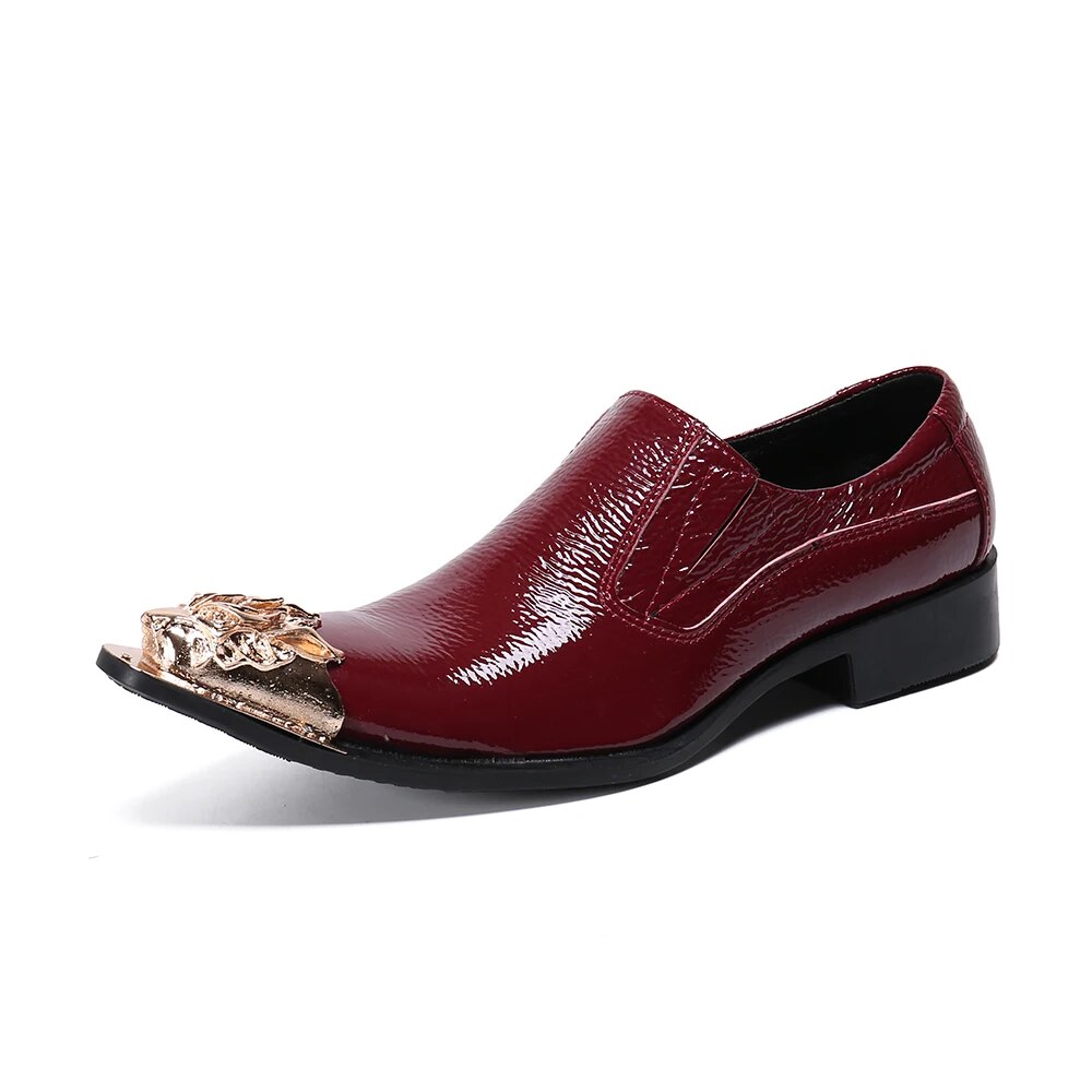 VCSHOES Golden Metal Bullock Carved Pointed Toe Man Wine Red Genuine Leather Shoes Men Wedding Party Shoes