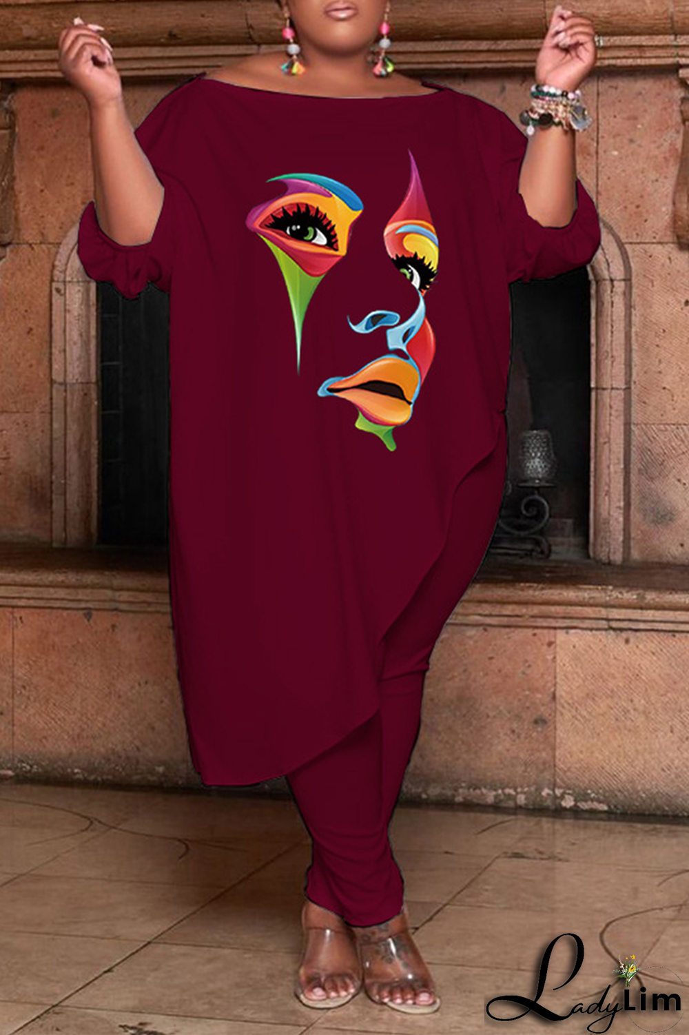 Tangerine Red Fashion Print Patchwork O Neck Plus Size Two Pieces