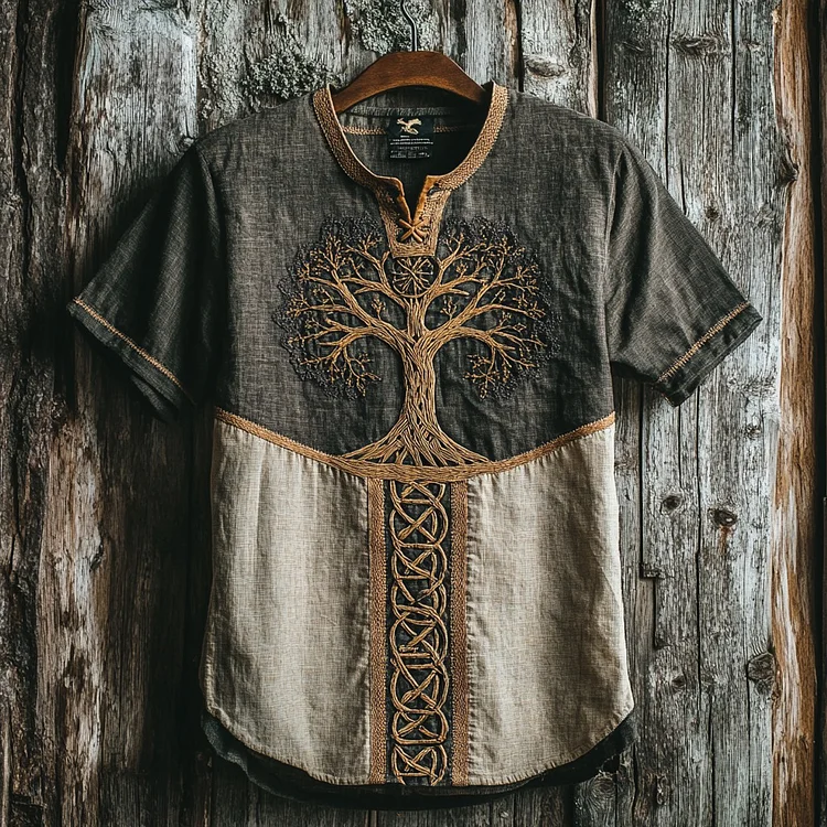 Men's Viking Tribal Tree Of Life Embroidery Celtic Art Linen T-shirt