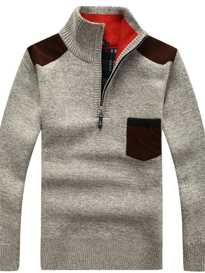Men's Stand Collar Zipper Knitted Pullover Sweater