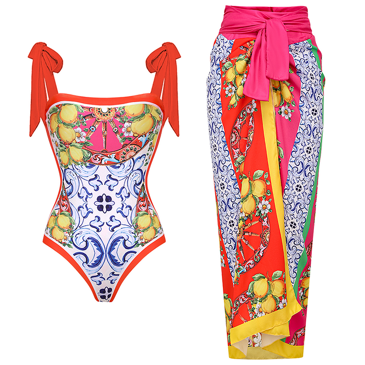 Reversible Tie-shoulder Cart and Lemon Print One Piece Swimsuit and Skirt 