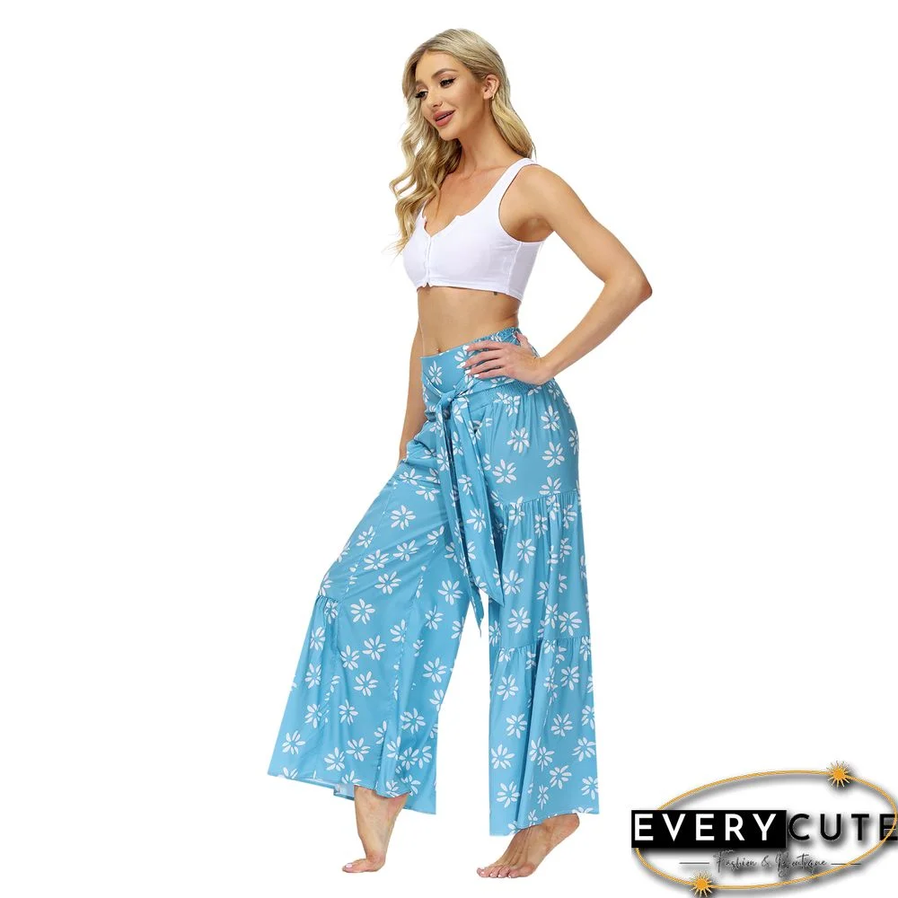 Aquamarine Digital Print Tie Waist Beachwear Wide Leg Pants
