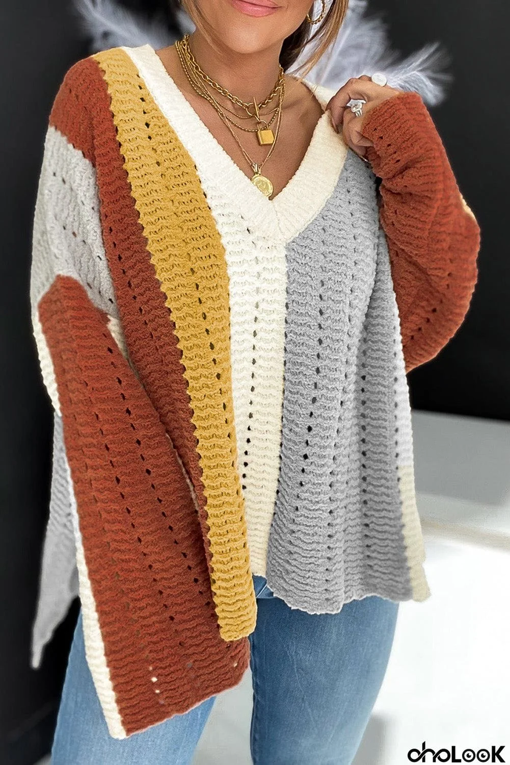 color Color Block Patchwork V Neck Knit Sweater