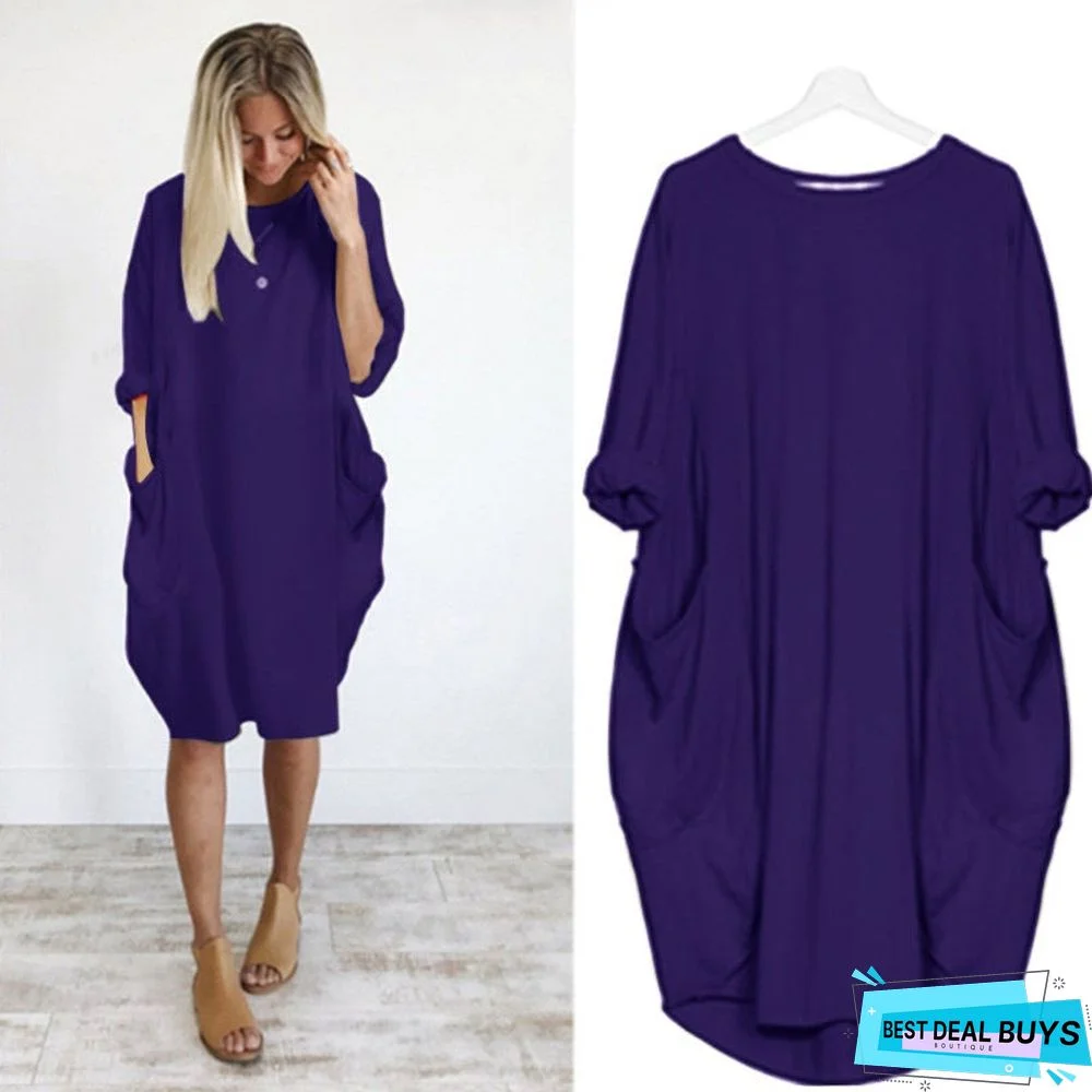 Women's Casual Loose Pocket Long-Sleeved Plus-Size Dress