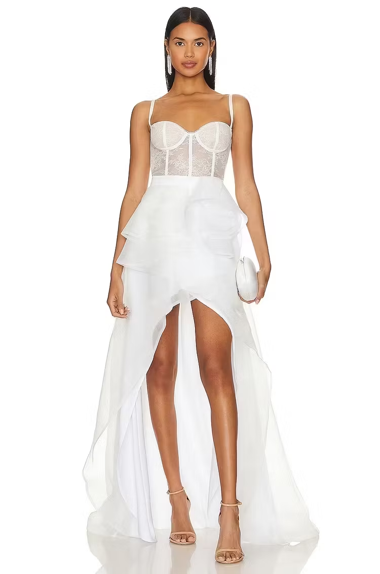 Lussooy Simple White Spaghetti Strap Lace Sleeveless Hi Lo Ruffles Prom Dress 