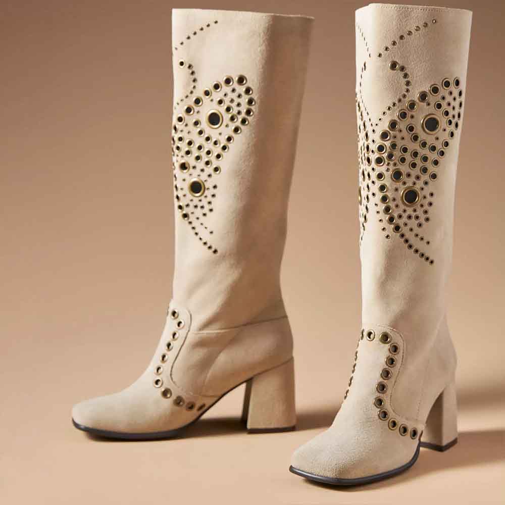 Beige Vegan Suede Square Toe 3'' Block Heel Cut-Out Knee High Boots Nicepairs