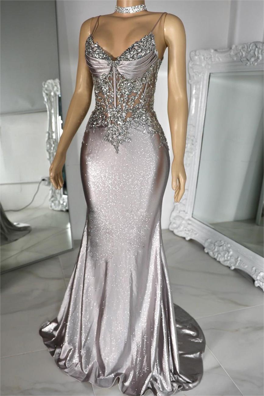 Lvs&Broner Ivory Spaghetti Strap Sleeveless Pleated Mermaid Long Prom Dress With Appliques