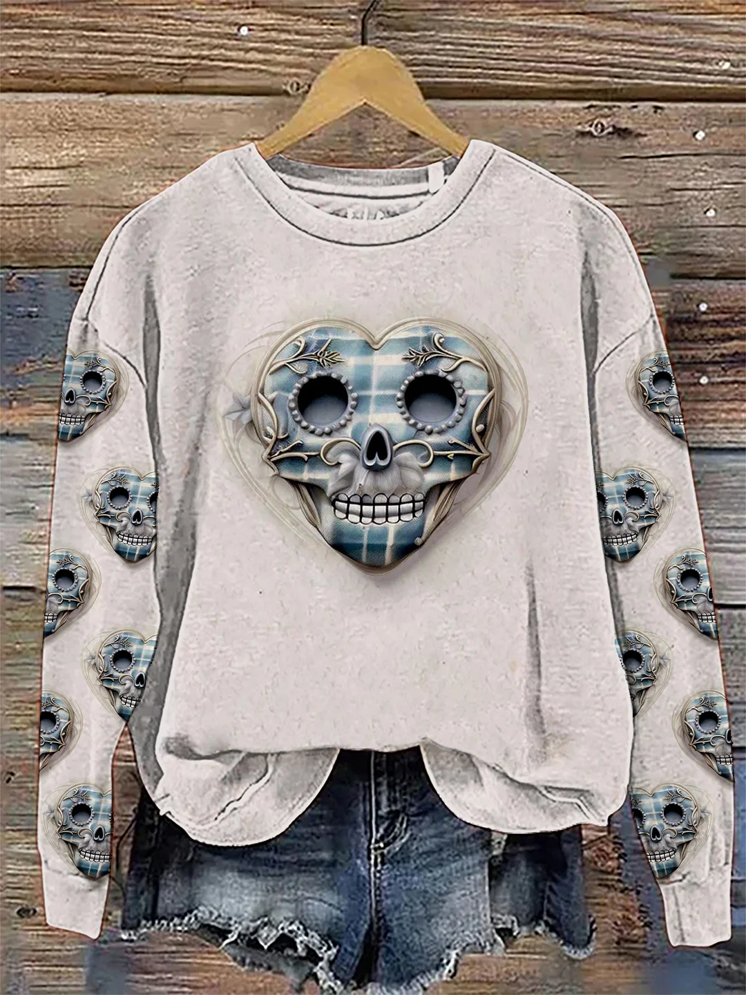 Women's Vintage 3D Skull Pattern Print Crew Neck Sweatshirt