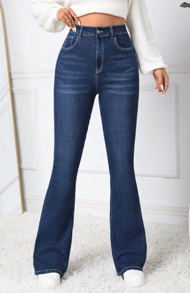 Women's High Elastic High Rise Slim Pants Embroidered Flared Denim Jeans