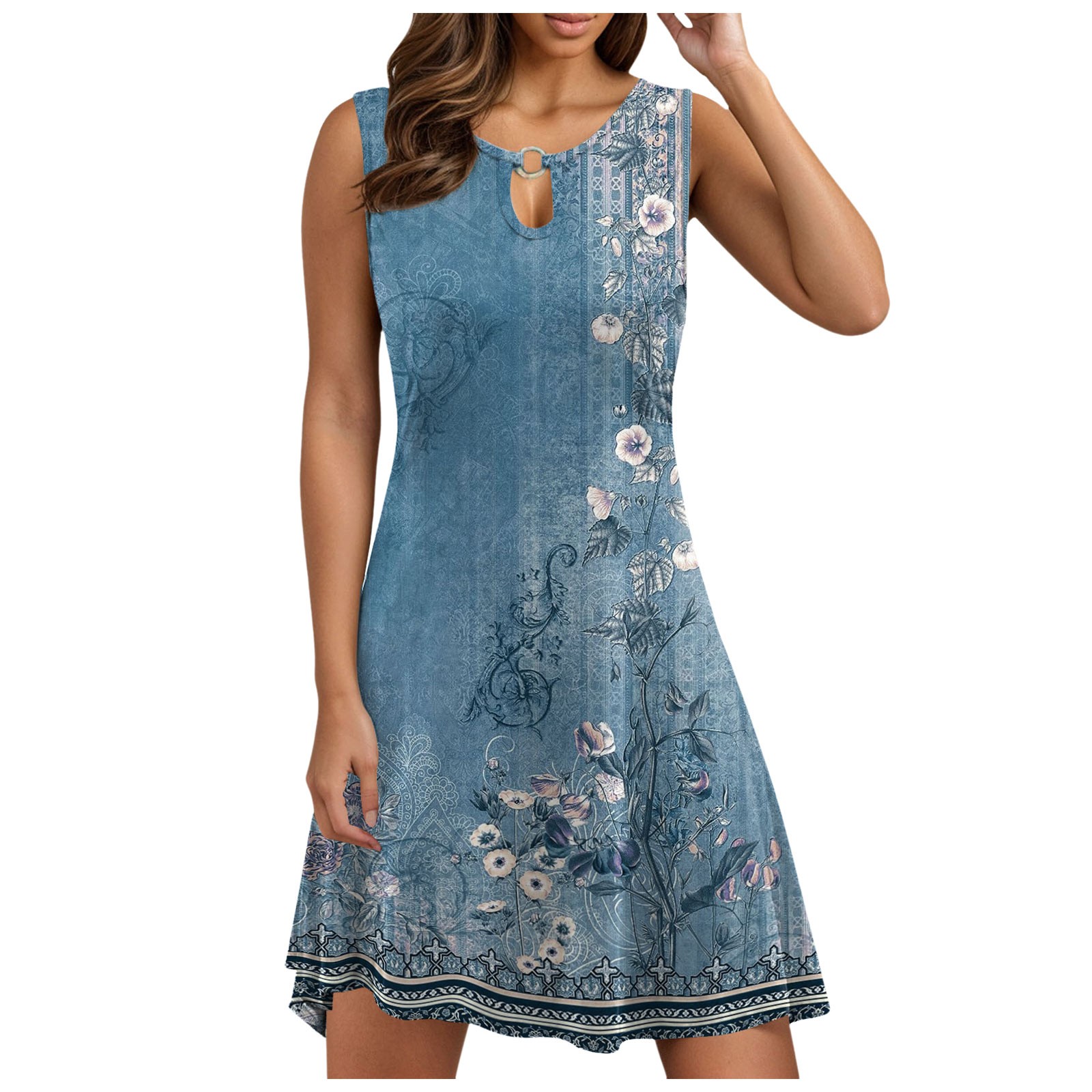 Megamillionnew Fall Floral Dress For Women Women Vintage Floral Pattern Loop Sleeveless Round Neck Beach Dress Silk Spaghetti Strap Dress
