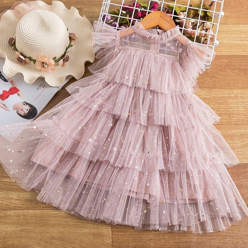 Girls Summer Costume Sweet Princess Dress Mesh Chiffon Cake Layers Outfit  Birthday Party Ball Grown Clothing For Children