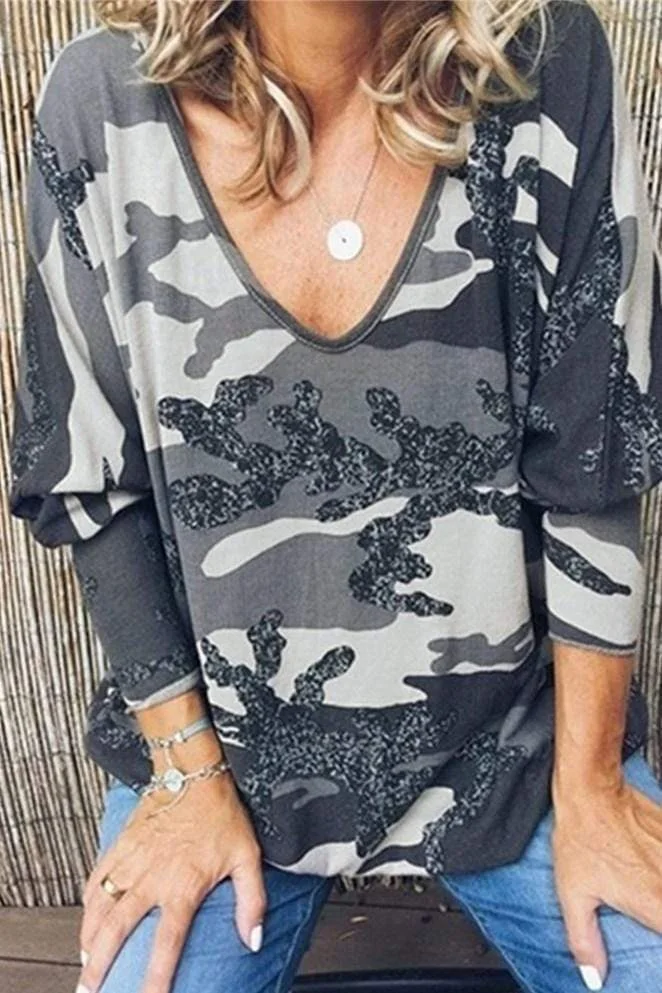 Sexy V-Neck Loose Print Long-Sleeved Top