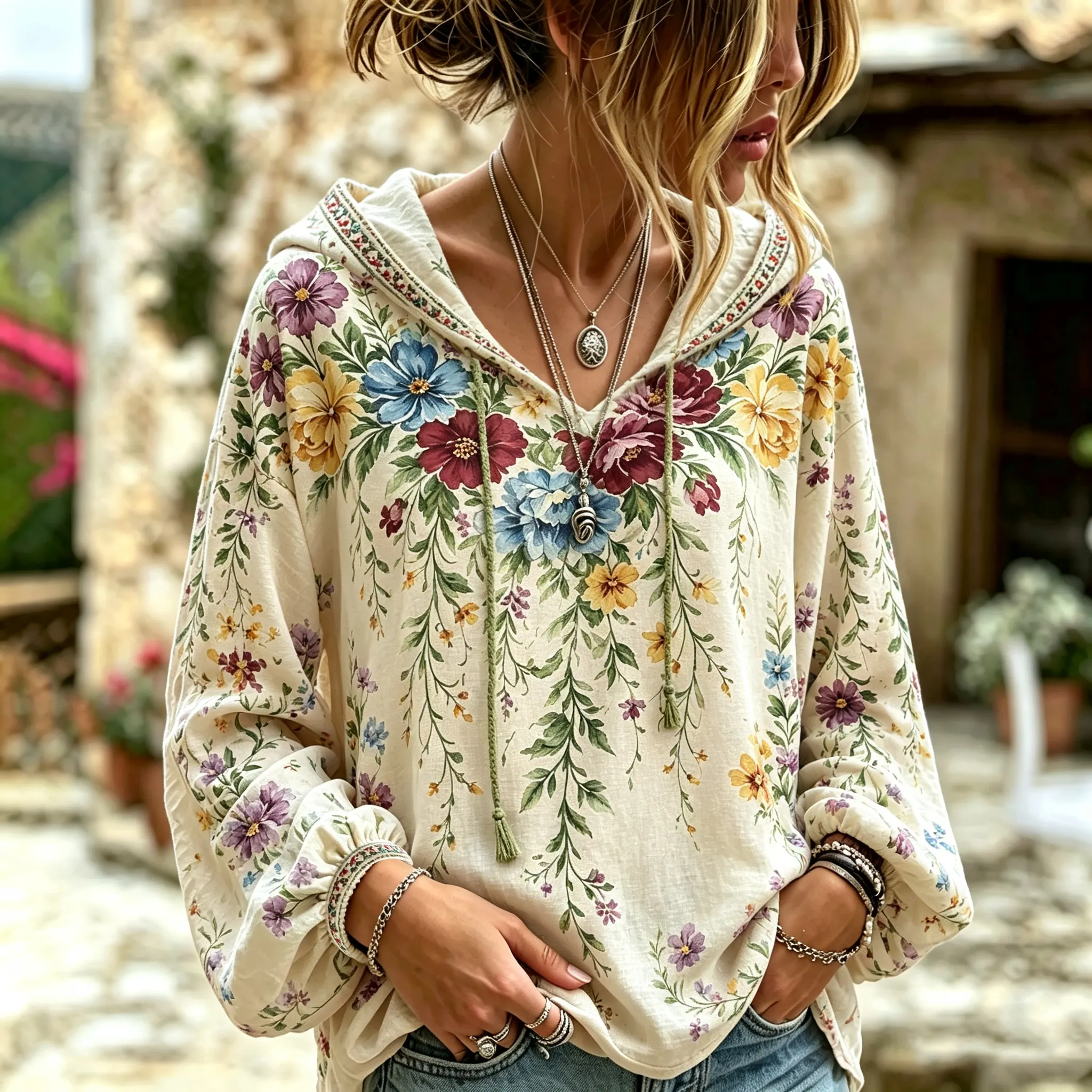 Comstylish Women's Retro Floral Casual Cotton Linen Hoodie