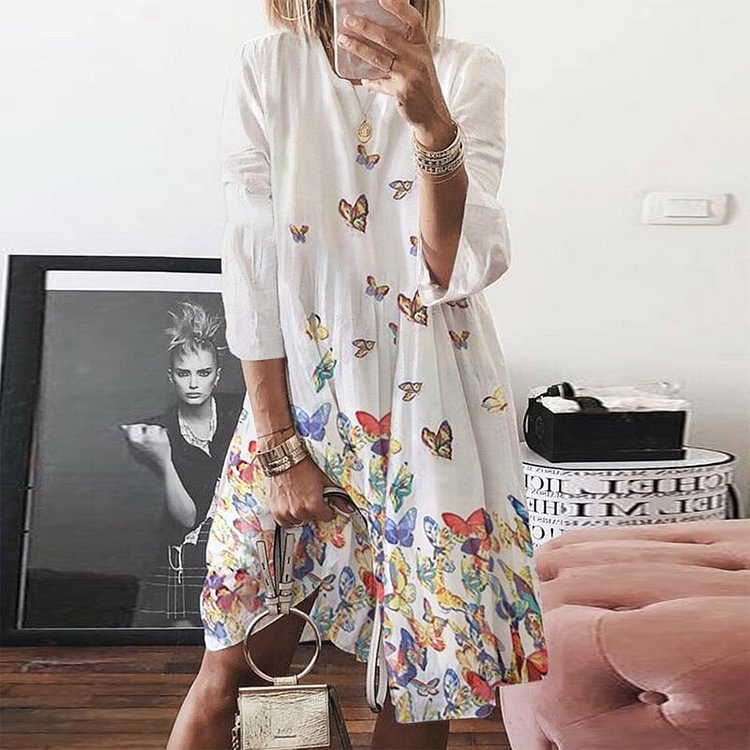 ELSVIOS Women Autumn buttertly leaf Print long sleeves Dresses Elegant casual O Neck Knee-length Dress Summer loose Dresses 5XL