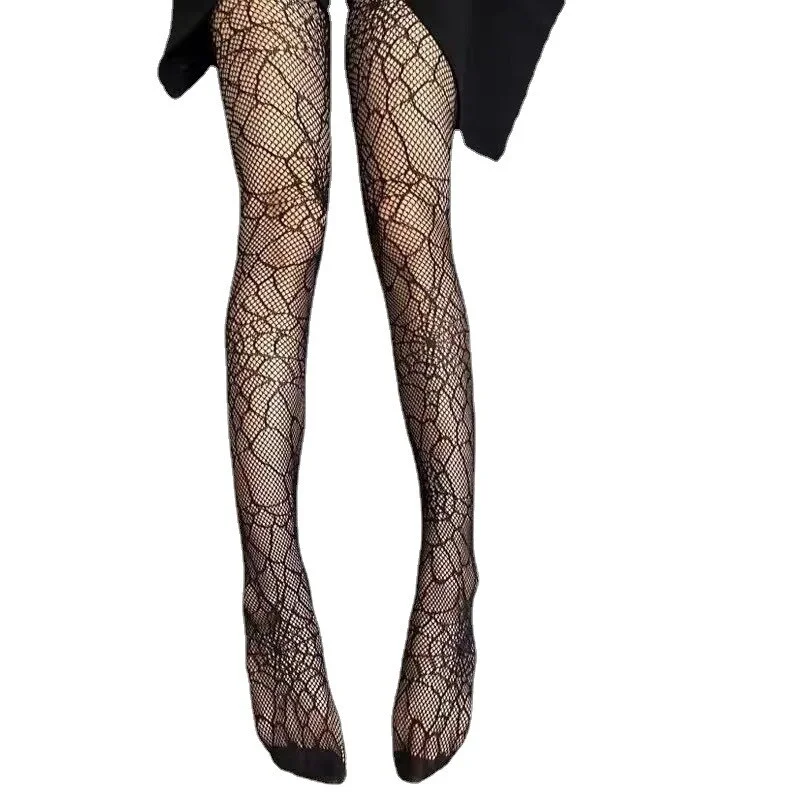 Jangj Street Floral Fishnet Socks Women Lolita Dark Mesh Gothic Tights Pantyhose Mall Goth Punk Spider High Waist Jk Emo Alt Stockings