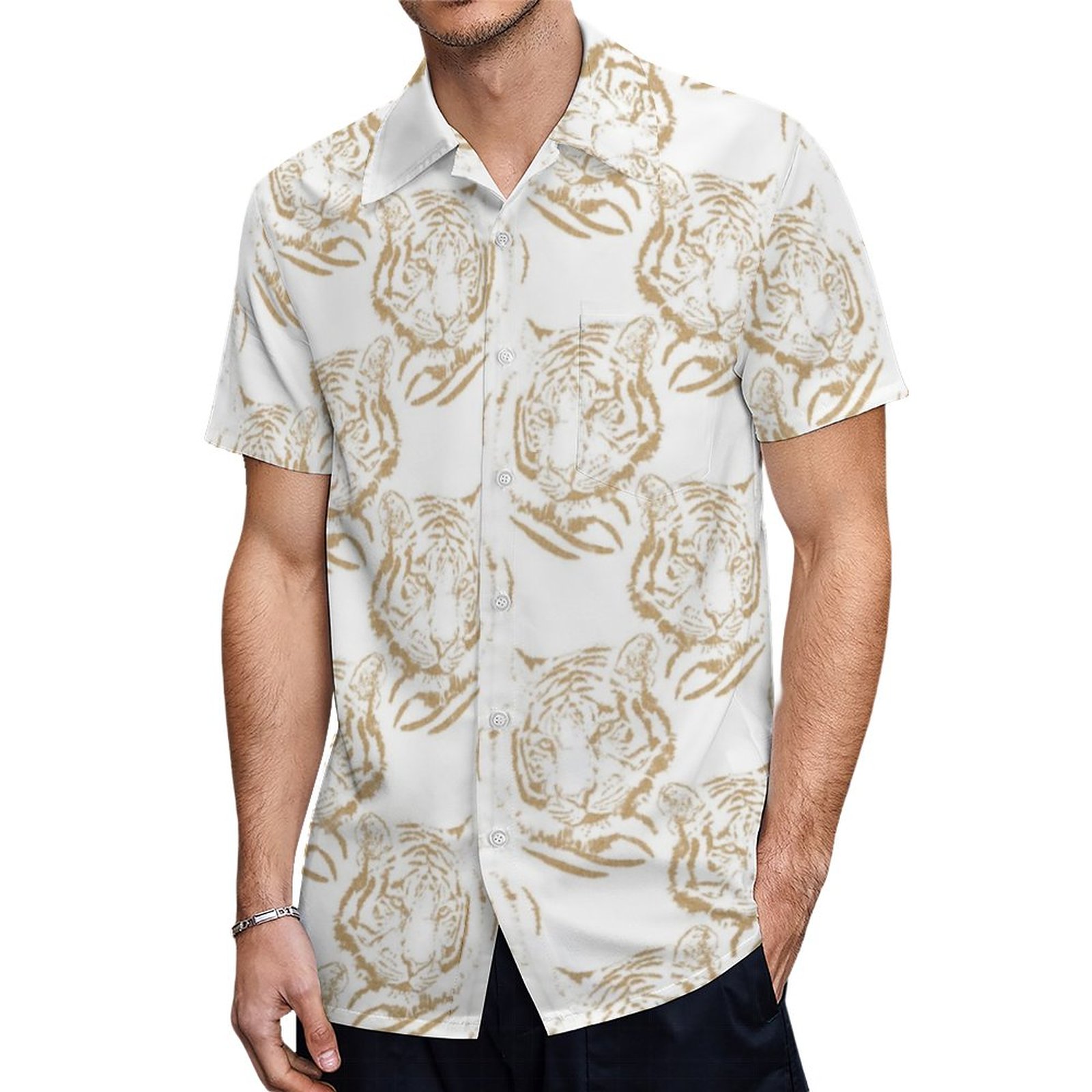 Elegant Gold Glitter Tiger Print White Design Hawaiian Shirt Mens Button Down Tropical Hawaii Beach Shirts