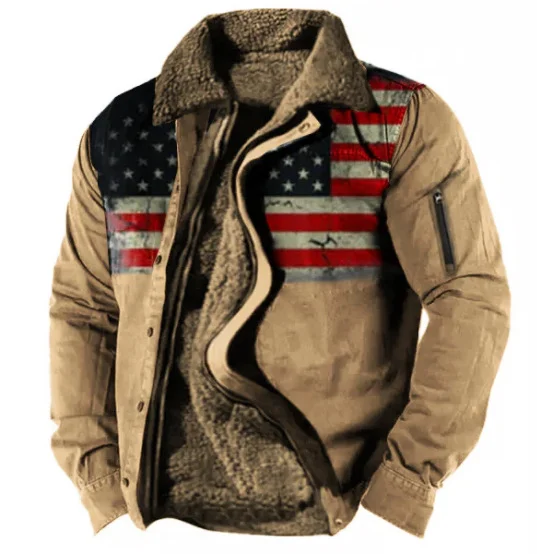 Fleece Outdoor American Flag Print Jacket