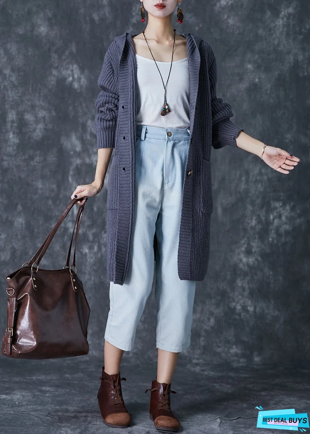 Women Grey Hooded Oversized Knit Cardigan Fall