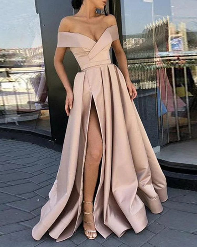 Sexy One-shoulder Solid Color Slit Dress