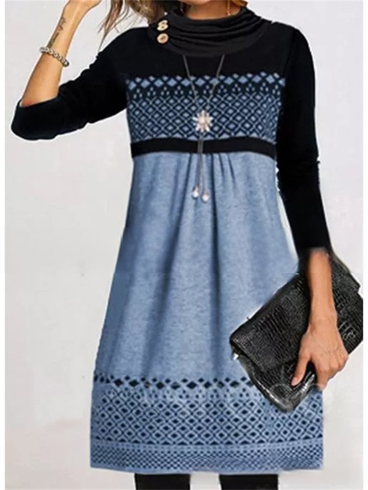 Women's Casual Dress Midi Dress Blue Pink Gray Long Sleeve Geometric Print Print Winter Fall Turtleneck Basic Casual Fall Dress 2022 S M L XL XXL 3XL 4XL 5XL -vasmok