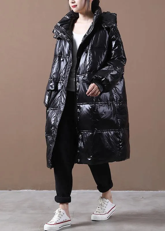 New trendy plus size womens parka coats black hooded pockets zippered down coats