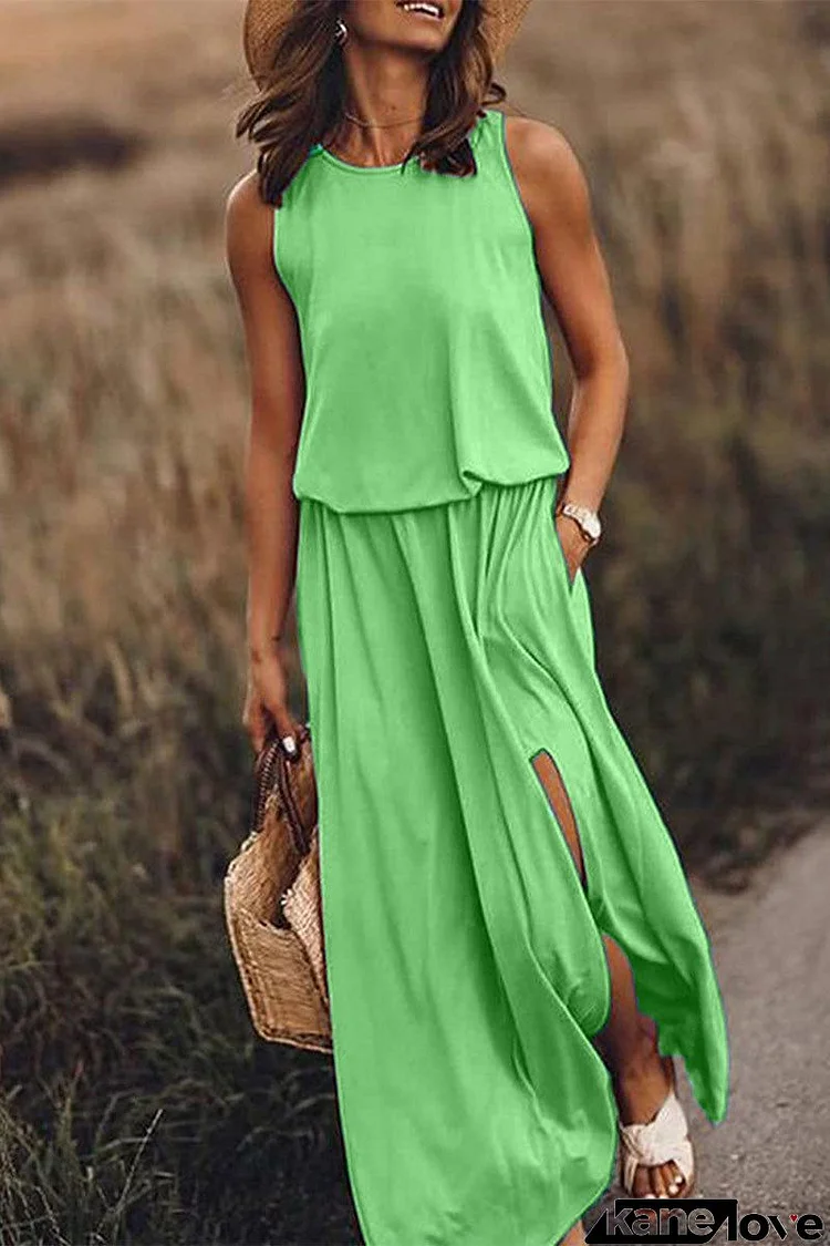 Work Elegant Solid Slit O Neck A Line Dresses