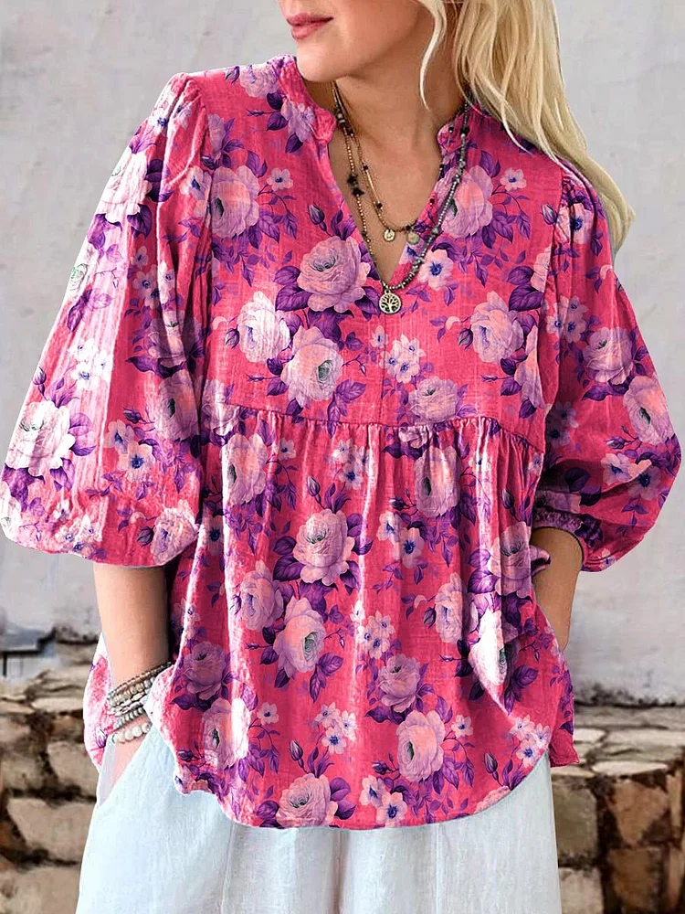 Women's Art Floral Pattern Casual Cotton Top