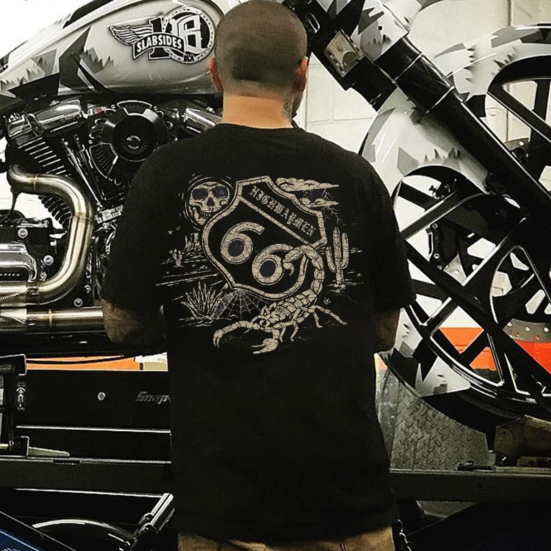 Skull and 66 Motorcycle Black Print T-Shirt