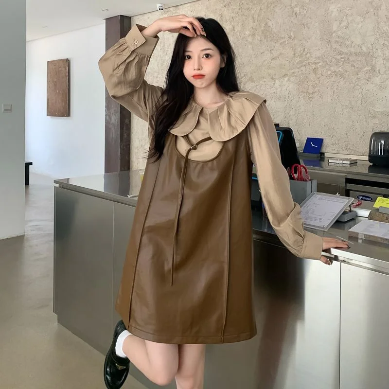 Long-Sleeve Peter Pan-Collar Blouse / Faux Leather Mini Overall Dress YP1896