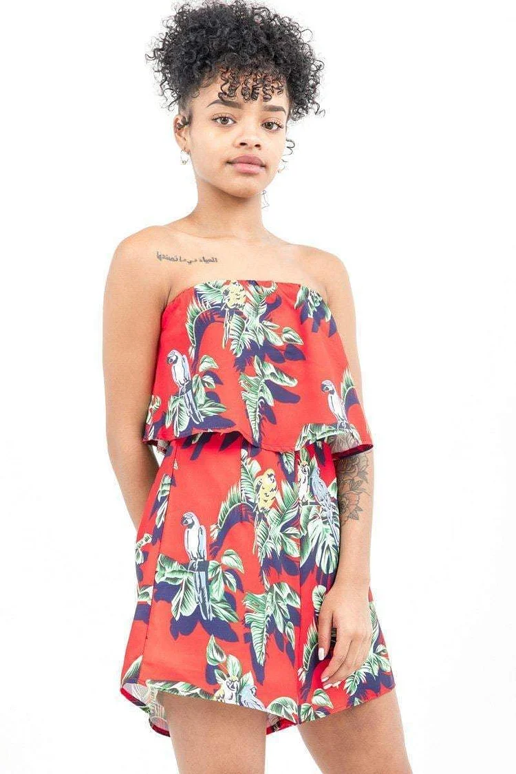 Red Flounce Bardot Tropical Playsuit Katch Me