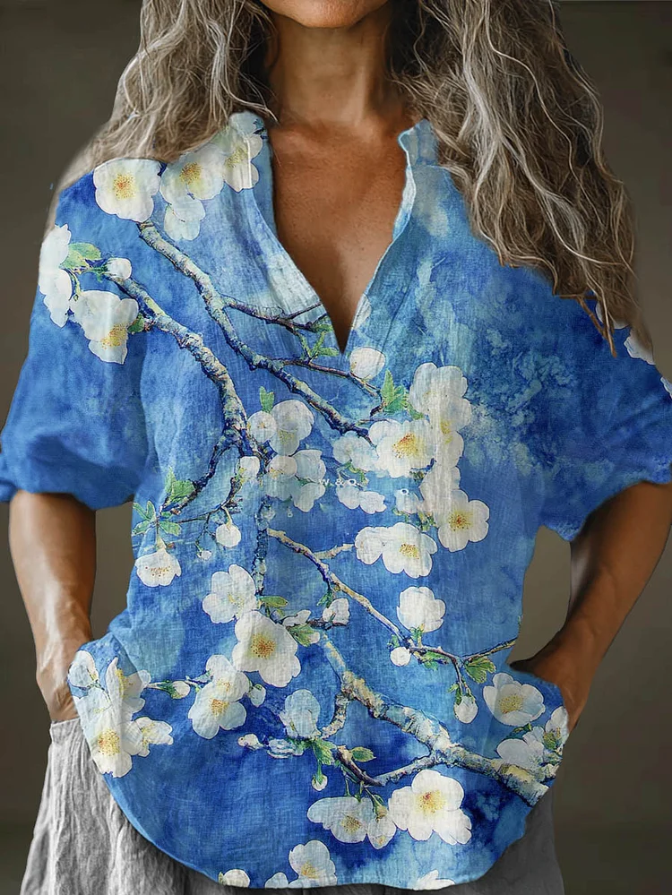 Womens Watercolor Flower Art Pattern Print Long Sleeve Comfortable Cotton And Linen Shirt