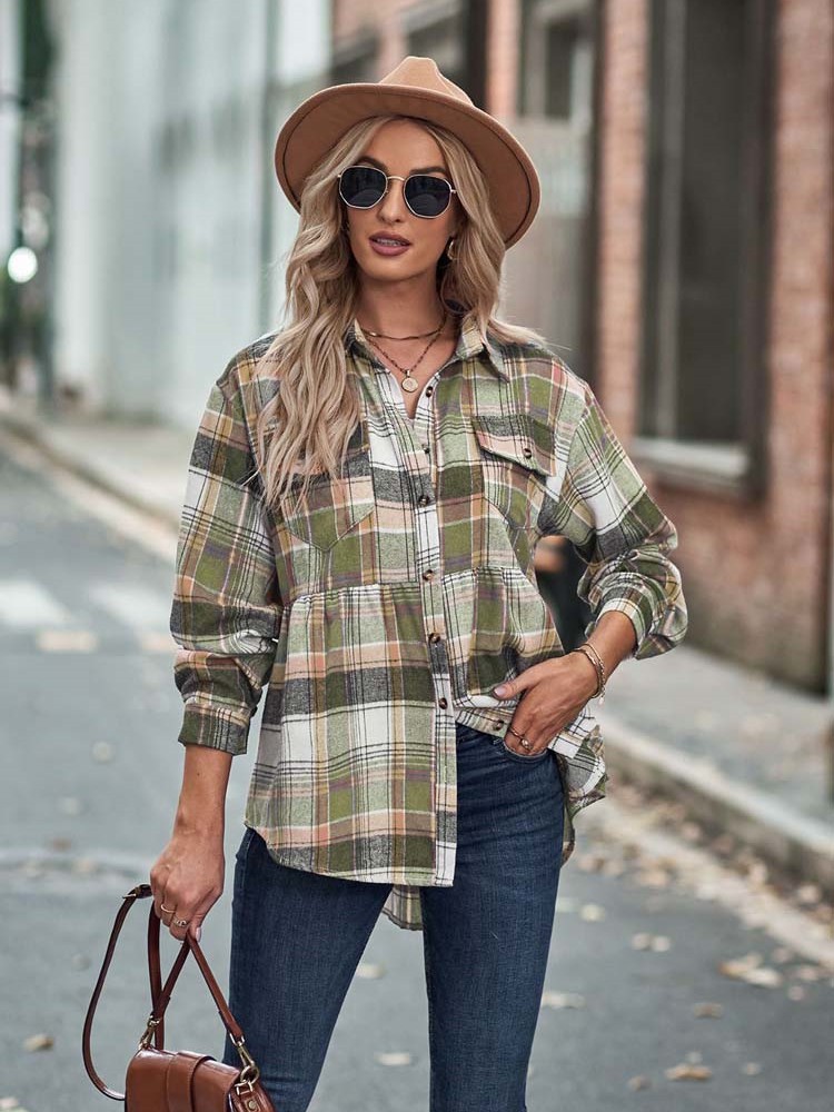 Women's Fashion Casual Long Sleeve Plaid Loose Blouses & Shirts