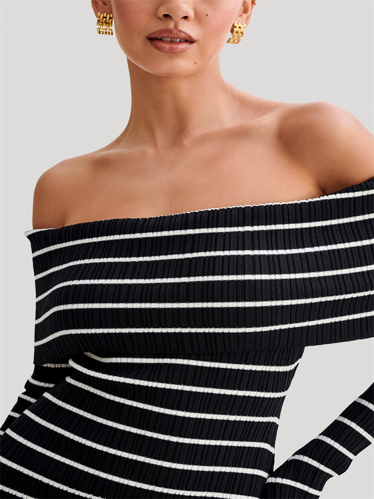 Ootddress Striped Knit Sweater Mini Dress For Women Bandeau Backless Elegant Fashion Summer Contrast Party Dress Knitwear Mini Dress