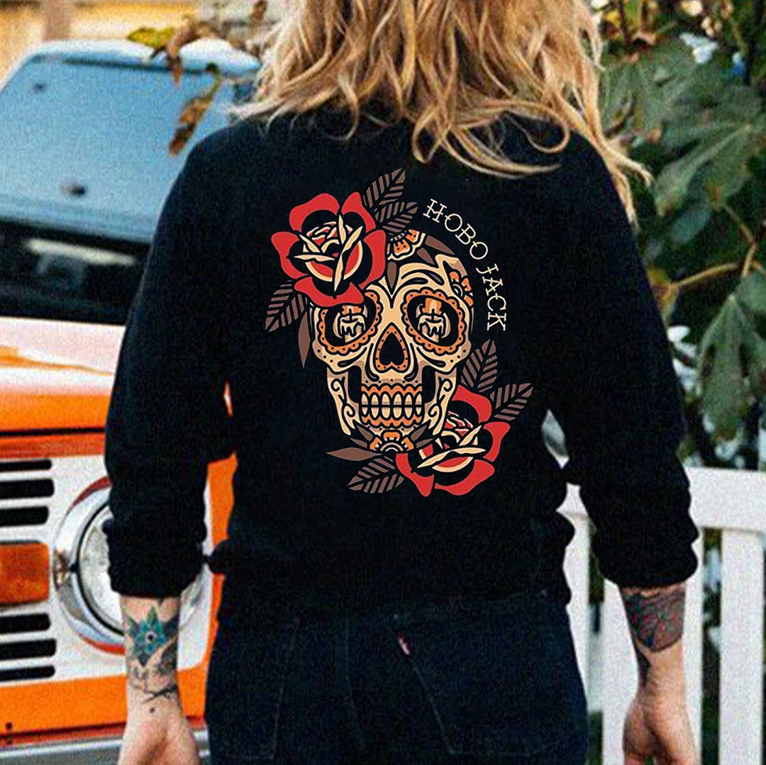 HOBO JACK Skull Flower Casual Graphic  Black Print Sweatshirt
