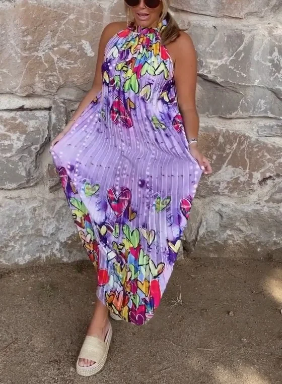 Pleated Hanging Neck Print Dress