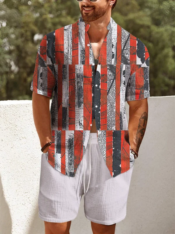 Men's Geometric Abstract Art Striped Print Short Sleeve Shirt Set