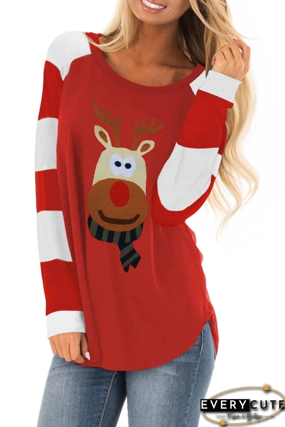 Christmas Cartoon Reindeer Color Block Sleeve Top