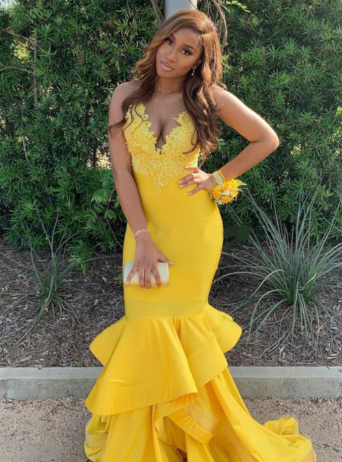 Hidais Elegant V Neck Spaghetti Strap Applique Yellow Mermaid Long Prom Dress