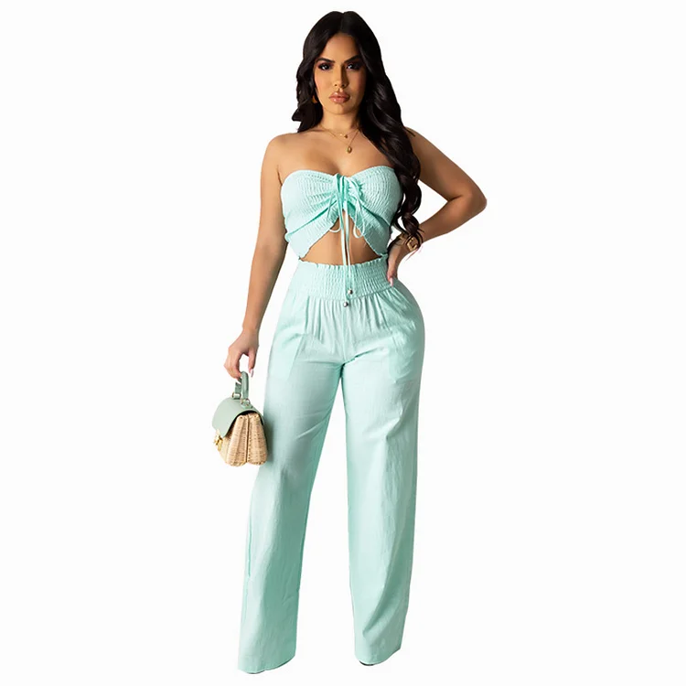Casual Solid Color Crop Top and Wide Leg Pants Two Set