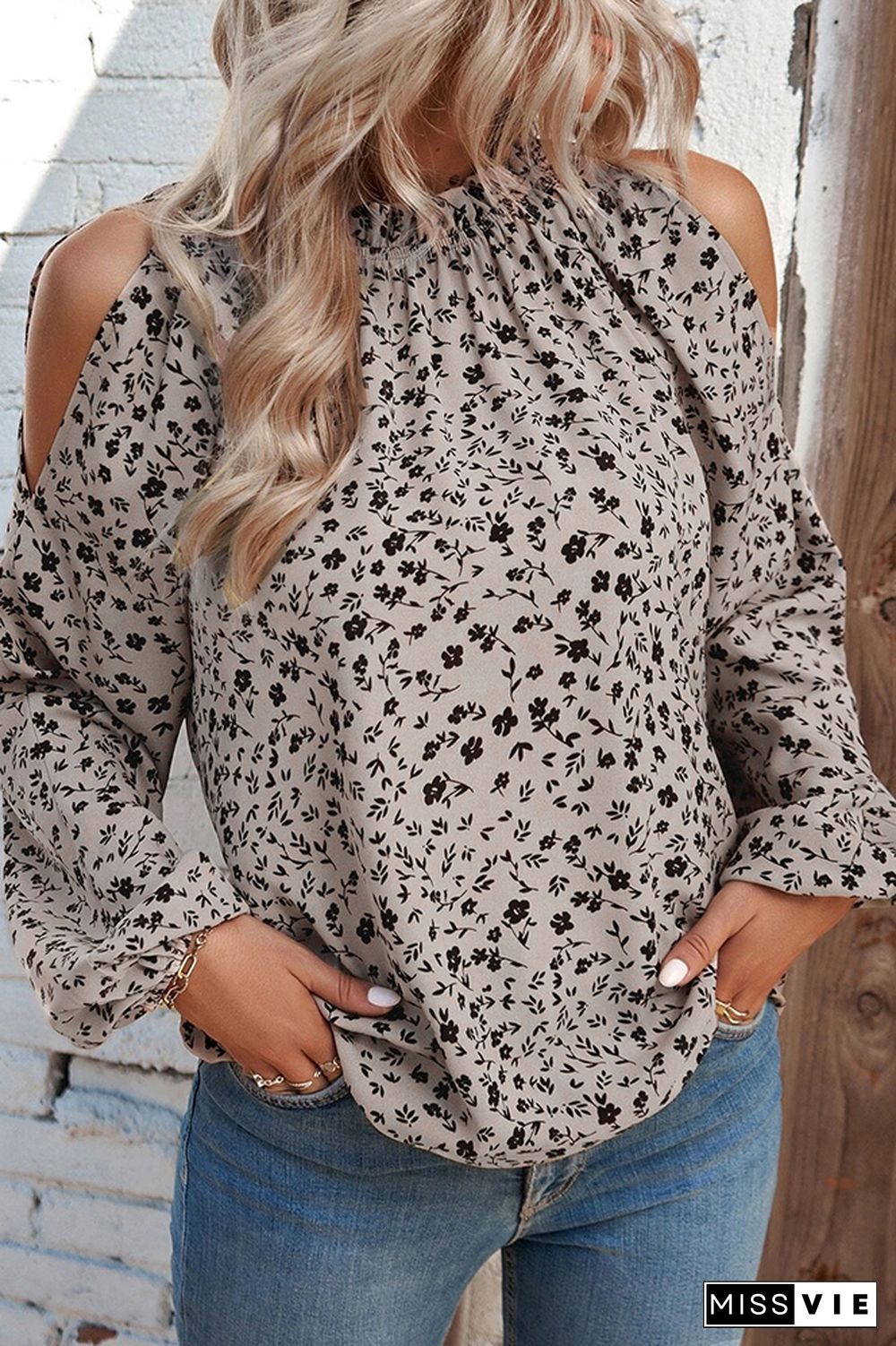 Cold Shoulder Frilled Collar Floral Blouse