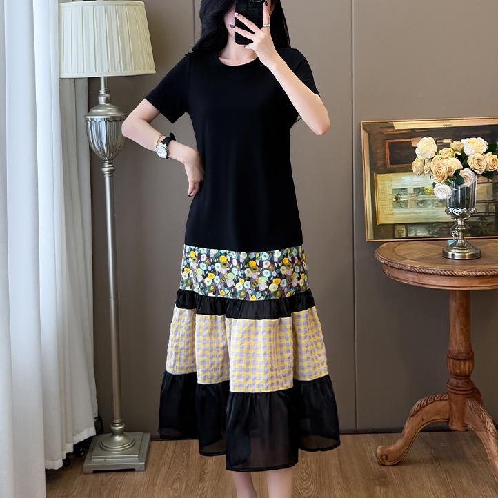 プリント 配色 ゆったり ファッション お出かけ デート半袖 おすすめ服 切り替え カジュアルワンピース