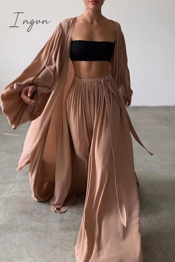 Ingvn - Fashion Casual Solid With Belt Strapless Three Pieces(4 Colors) Coffee / S Two