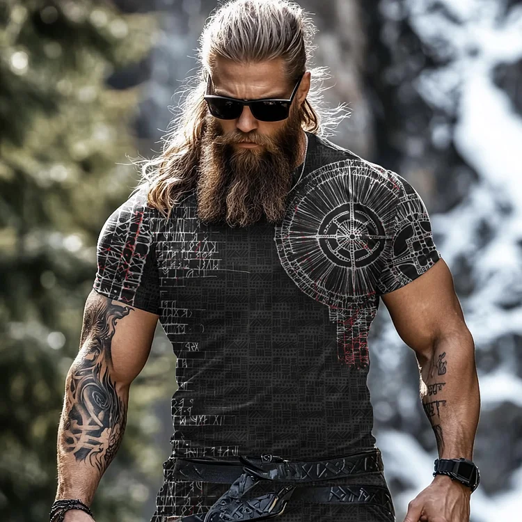 VChics Retro Viking Rune Print Short Sleeve T-shirt