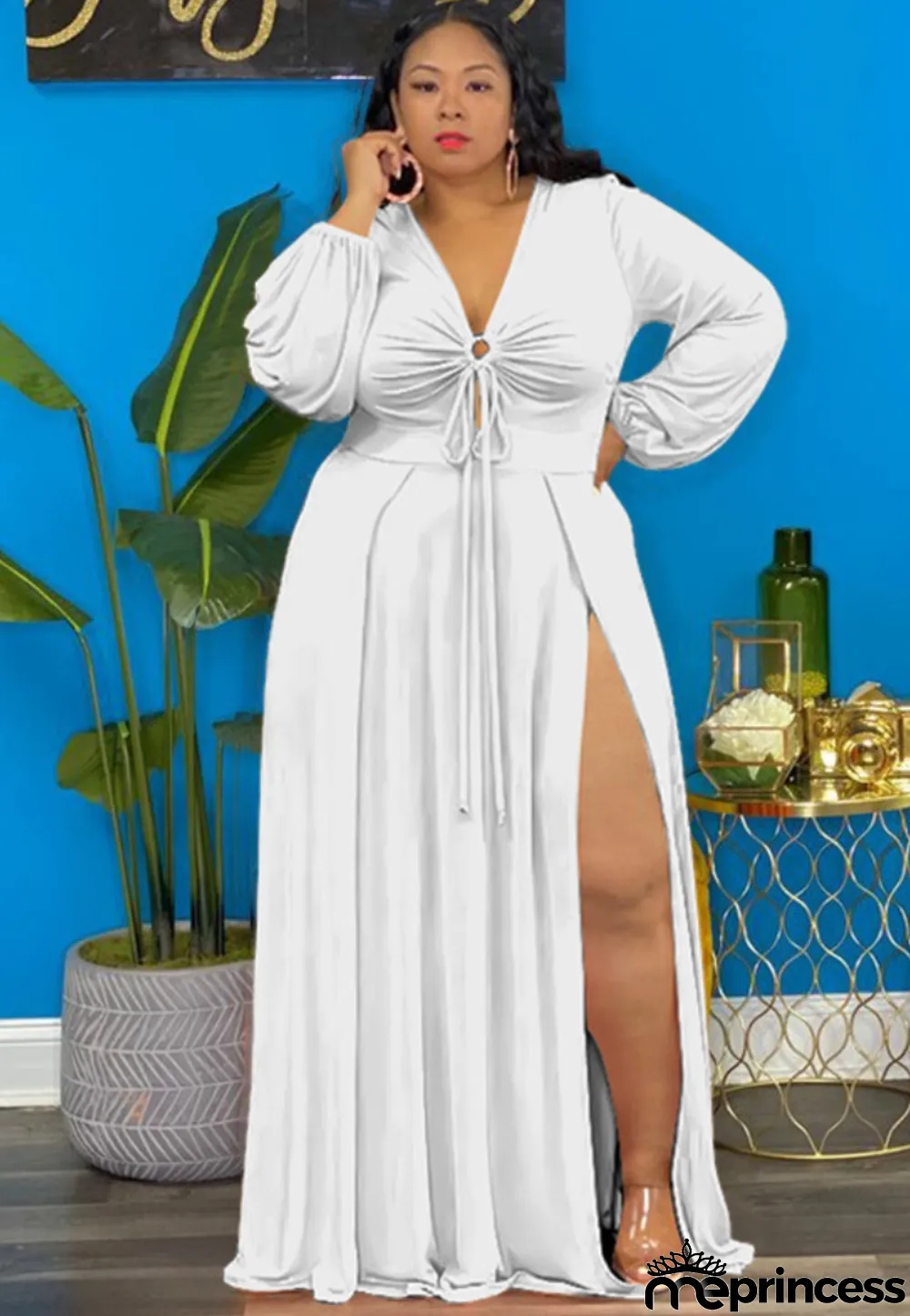Spring Womne Plus Size White V-neck Long Sleeve Slit Maxi Dress