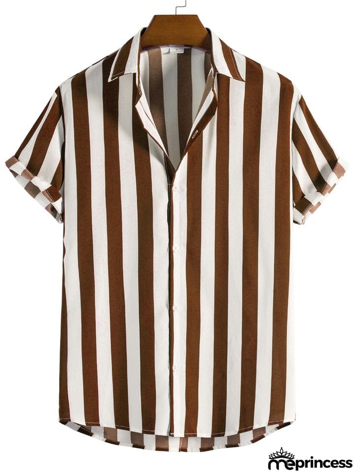 Men's Vertical Striped Button Down Aloha Shirt for Beach