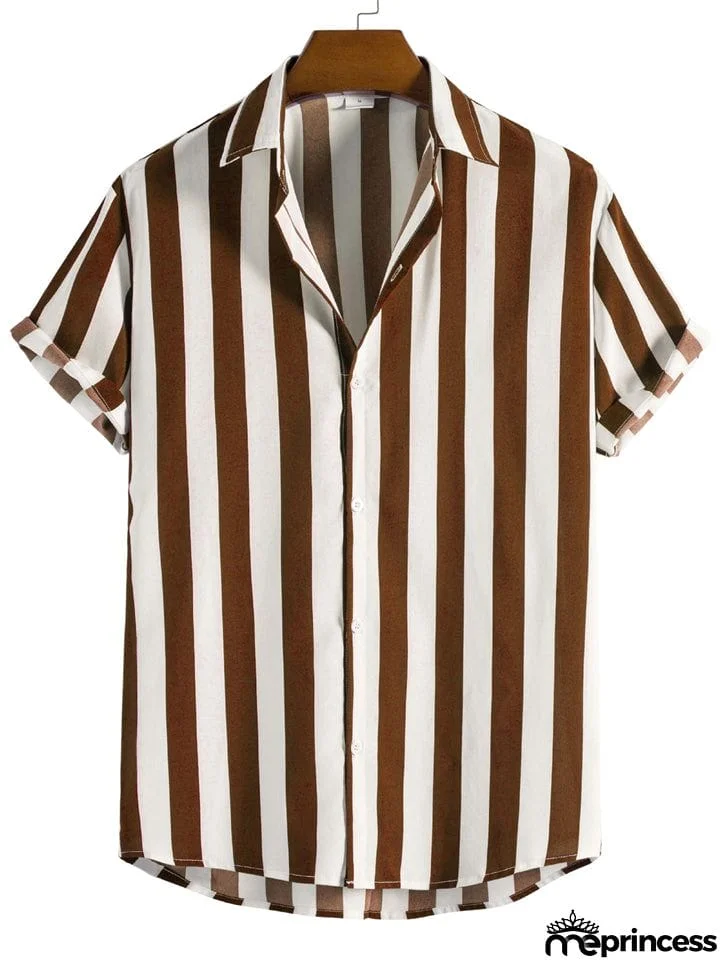 Men's Vertical Striped Button Down Aloha Shirt for Beach