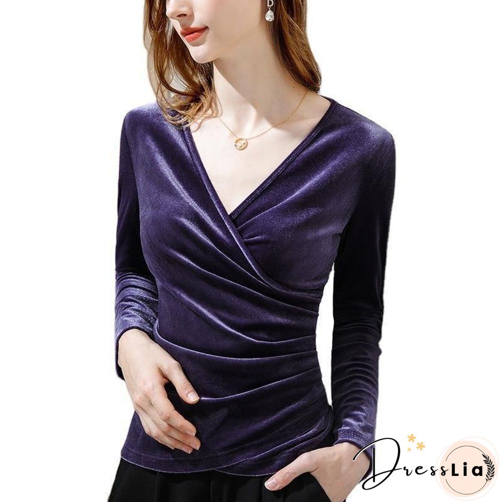 Spring Autumn Women Tshirts Cross V-neck Long Sleeve Solid color Vintage Plus Size 3XL Tops Fall Womens Clothing Fashion