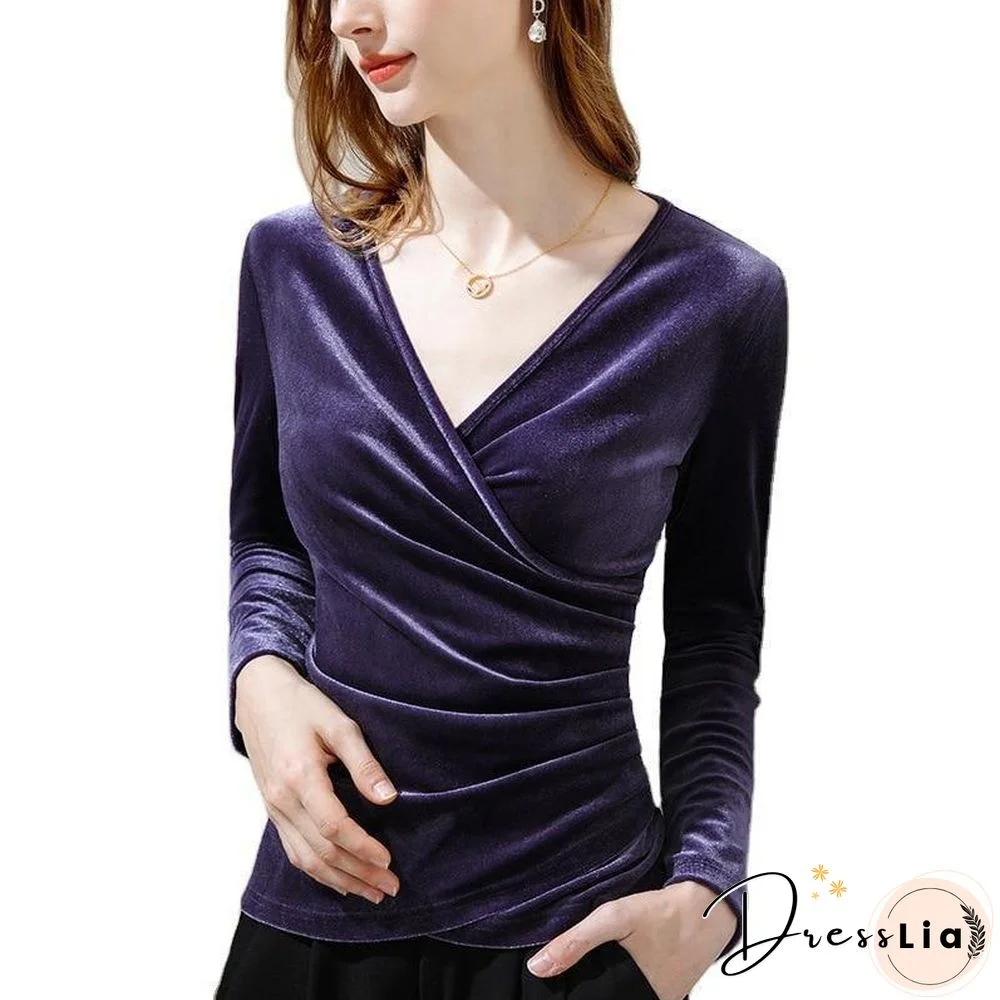 Spring Autumn Women Tshirts Cross V-neck Long Sleeve Solid color Vintage Plus Size 3XL Tops Fall Womens Clothing Fashion