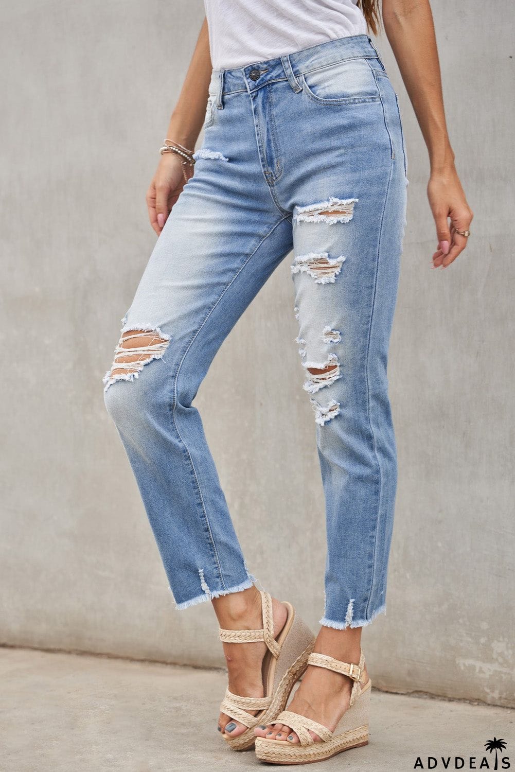 Fashion Light Blue Distressed Boyfriend Denim Pants